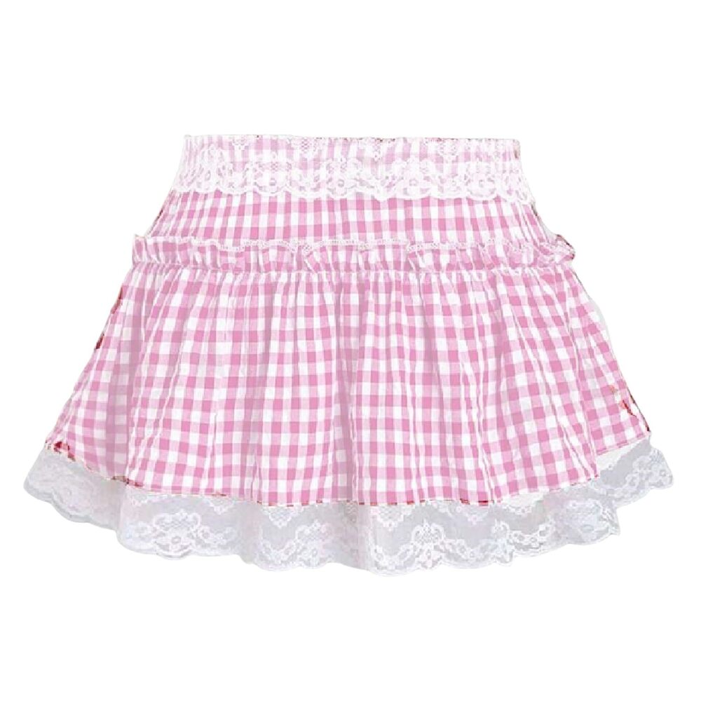 3783 Adult Gingham Short Skirt Pleated Ruffle A Line Plaid Mini Skirt